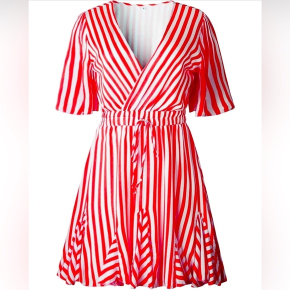 MINI DRESS: Yellow & White V Neck Striped Mini Dress w/Wrap & Ruffle Hem, NWOT - Picture 14 of 16